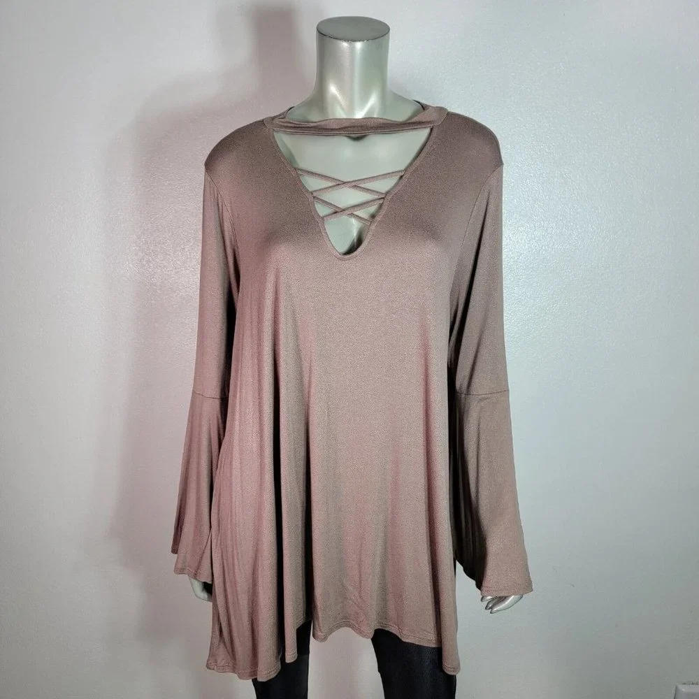 Rae Mode‎ Top Plus Size 3X Caged V-Neck Bell Sleeve A-Line Stretch Casual Brown